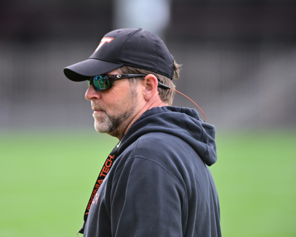 April, 8, 2025: Virginia Tech coach Brent Pry watches practice.
